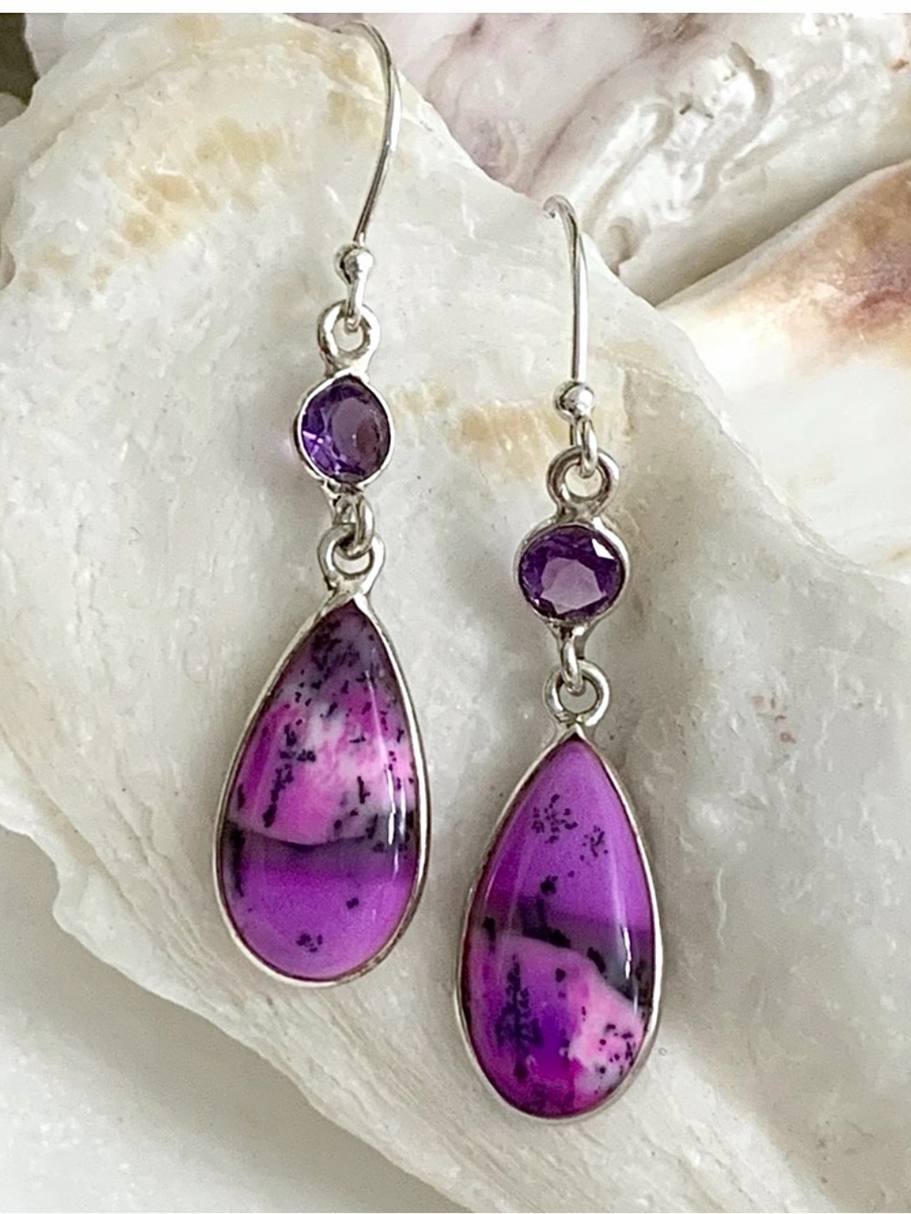 Mini Malibu Beach Scenic Dendritic Opal & Amethyst Sterling Silver Earrings